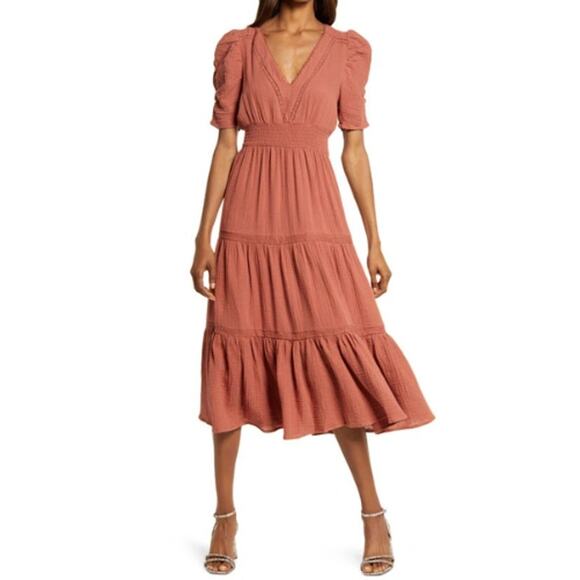 NWT BB Dakota Say A Prairie Ruffle Midi Dress in Light Clay S - Picture 1 of 12